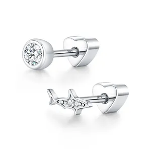 S925 sterling silver stud earrings featuring Moissanite shark and round solitaire design