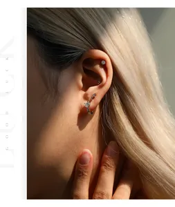 Detailed view of D color moissanite S925 sterling silver earrings worn in warm sunlight