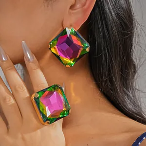 Pendientes de Botón de Strass Cuadrados de Estilo Occidental Y Anillo para Mujer Accesorios de Joyería de Moda Minimalistas Geométricos Lujosos