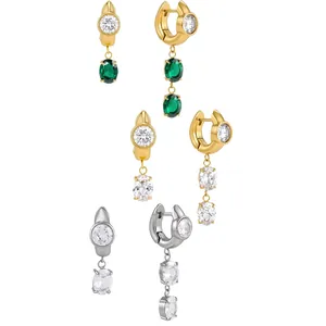 Luxury 18k gold plated titanium steel zircon hoop earrings with elegant dangling stones