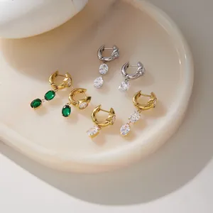 Elegant 18k gold plated titanium steel hoop earrings with sparkling zircon dangles