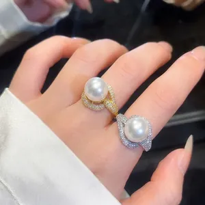 Luxury 18K Gold Plated Zirconia Artificial Pearl Ring Elegant Banquet Fine Jewelry Copper Finger Ring Gift For Women