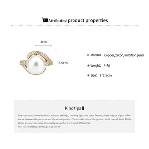 Detailed product specs for gold-plated zircon and pearl ring with 3x2.5cm size