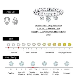 S925 Sterling Silver Moissanite Ring with D Color VVS1 Pear Cut Dangling Charms