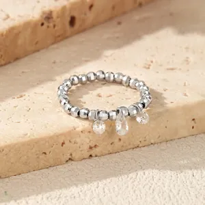 Elegant sparkling S925 sterling silver beaded elastic ring with moissanite teardrop charms