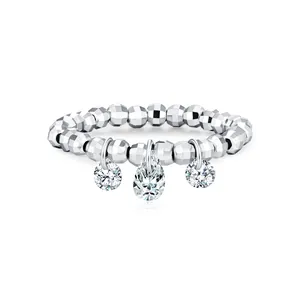 S925 sterling silver faceted bead elastic ring with pear and round Moissanite charms