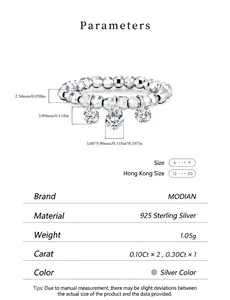 Close-up of sparkling silver moissanite ring with detailed size and dimension specs