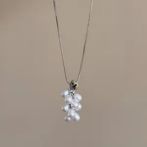 Elegant Korean style grape cluster pearl necklace with natural stone bead on snake chain