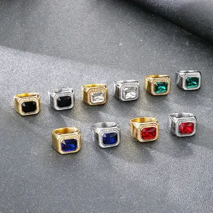 Hip-hop stainless steel signet rings with colorful rectangular cubic zirconia stones