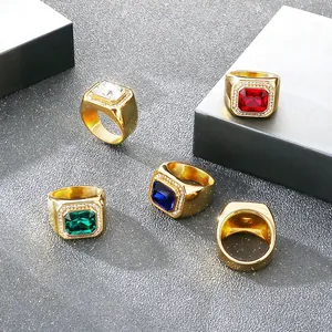 Hip hop gold plated stainless steel signet rings with large rectangular zircon stones