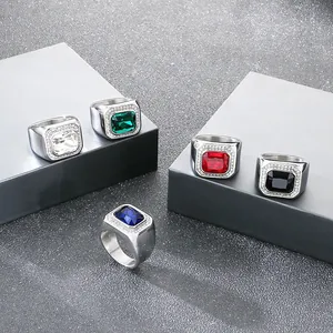 Hip hop stainless steel signet rings with large rectangular colored zirconia stones
