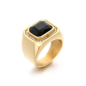 Luxury gold-plated stainless steel square signet ring with black stone and white zircons