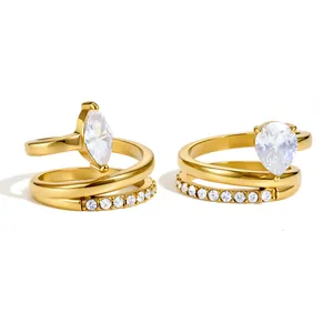 18k gold plated stainless steel rings with marquise and pear-cut cubic zirconia