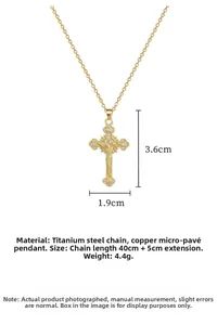 Detail showing cross pendant dimensions 3.6x1.9cm with micro-set zircons on gold chain