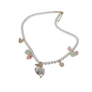 Elegant pearl beaded necklace featuring zircon butterfly and large heart crystal pendant