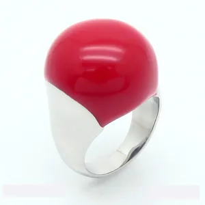 Vintage red enamel ball ring with minimalist stainless steel band for women