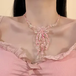 Sommer Süße Rosa Blume Perlen Halskette Dopamin Stil Transparent Glas Blumen Anhänger Schlüsselbeinkette Quaste Halskette Für Damen