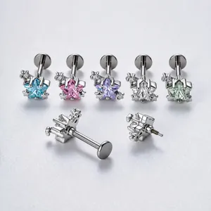 F136 Titanium Alloy Internally Threaded Cartilage Stud Earrings Star Shaped Zirconia Inlaid Body Piercing Jewelry For Men Women