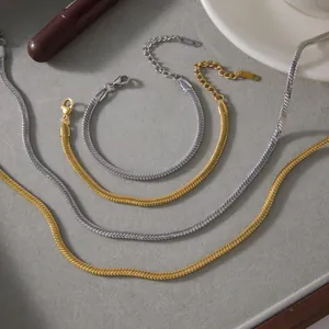 Vue macro détaillée de bijoux en chaîne serpent plate en acier titane doré et argenté.