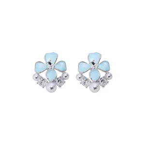 Sweet light blue enamel flower stud earrings with shimmering pearls and cubic zirconia