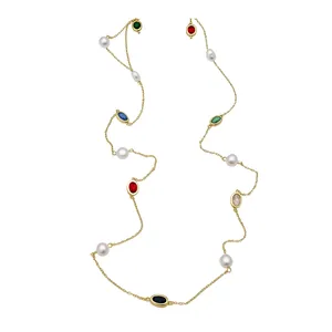 Elegant retro long pearl necklace with colorful oval zircon gemstones on gold chain