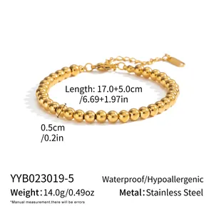 Detail of 18K gold-plated stainless steel bead bracelet with size specs and materials