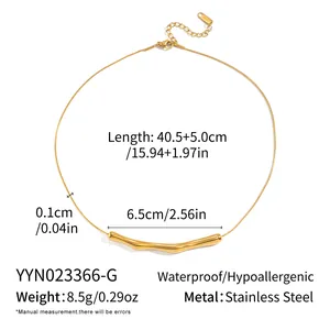 Detail of 18K gold plated stainless steel necklace with wave bar pendant and dimensions