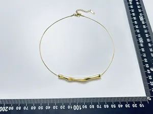 Detailed view of fluid gold-plated necklace collar with measurement ruler and adjustable clasp