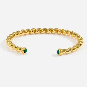 18K Gold Plated Stainless Steel Twisted Cable Bangle Zirconia Bracelet For Women Vintage Green Gemstone Cuff Bracelet Waterproof Jewelry