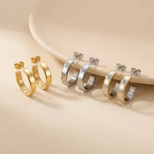 Fashion Stainless Steel C-Shape Hoop Earrings Minimalist Geometric Polished Mirror Surface Stud Earrings For Women