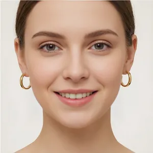 Front view of model wearing thick gold geometric C-shaped stainless steel hoop earrings