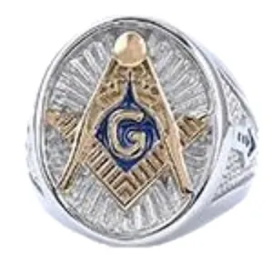 Unisex Freemasonry signet ring with gold square and compass logo on blue enamel