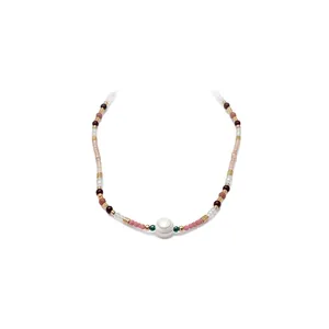 Charming handmade colorful stone beaded necklace featuring a large white grooved pearl pendant