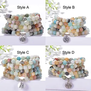 Collana bracciale 108 grani Mala in amazzonite opaca 8mm con ciondoli per lo yoga