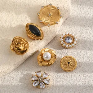 Vintage stainless steel 18K gold plated cufflinks with pearl and crystal flower designs