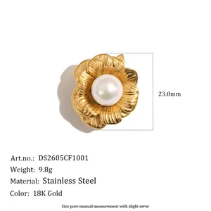 Vintage 18K gold plated stainless steel flower cufflinks with pearl for elegant formal wear