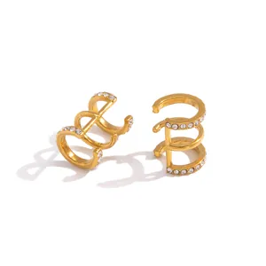 Elegant golden triple-layer stainless steel ear cuffs decorated with sparkling rhinestones