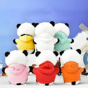 Detailed back view of cute panda plushies wearing various bright colorful hoodies