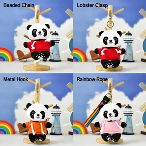Panda plush keychain in hoodie with bead chain, silver and gold lobster clasp variants.
