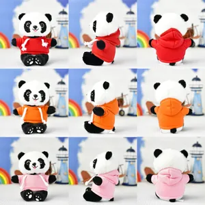 Cute panda plush toys in colorful hoodies showing front, side and back views display