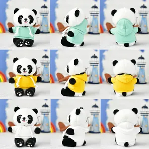 Detail view of panda plush toys in colorful hoodies from front, side, and back angles
