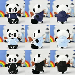 Multi-angle views of cute panda plush toys wearing navy, blue, and black hoodies