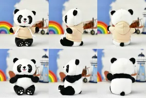 Cute panda plush toy with removable beige hoodie shown in a multi-angle detail view.