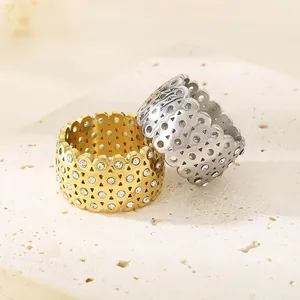 Elegant hollow wide titanium steel rings with rhinestones in gold and silver finish