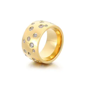 Elegant wide titanium steel band ring featuring a scattered starry sky zircon pattern