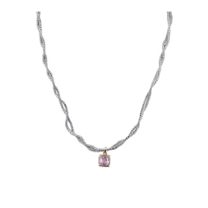 Elegant silver twisted chain necklace featuring a square pink zircon pendant charm