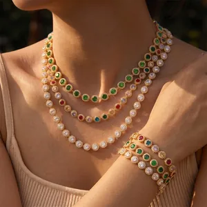 Juego de Joyas de Mujer Lujo Geométrico Redondo Strass Acero Inoxidable Collar Pulsera Chapado en Oro de 18K Accesorios Elegantes