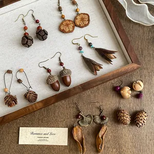 Vintage Ethnic Bohemian Pine Cone Dangle Earrings For Women Wood Alloy Antique Bronze Hook Earrings Botanical Jewelry