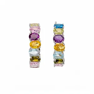 Elegant silver stud earrings featuring vibrant colorful oval-shaped zircon stones.