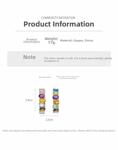 Gros plan de boucles d'oreilles en zircone colorée avec dimensions et détails du matériau.